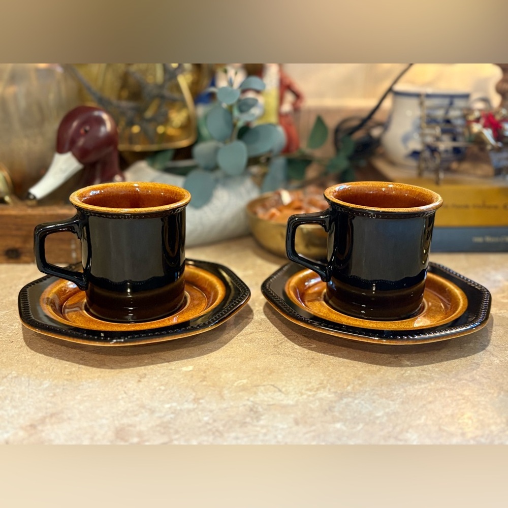 Vintage Sears Ironstone Octagon Amber Black and Brown Coffee Cup Set of 2